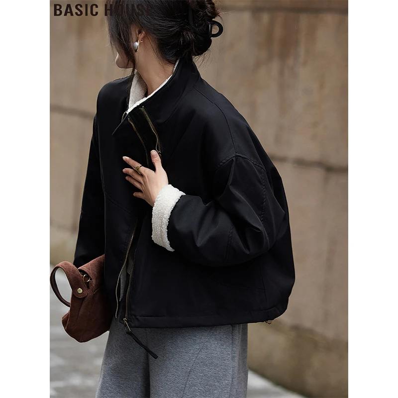 Basic House/百家好黑色立领连帽外套慵懒加绒加厚棉服女2025冬季