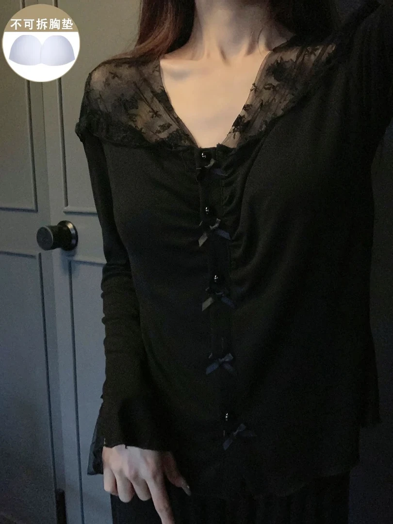 奶欲蕾丝~睡衣女秋冬季法式甜美带胸垫家居服套装~H44