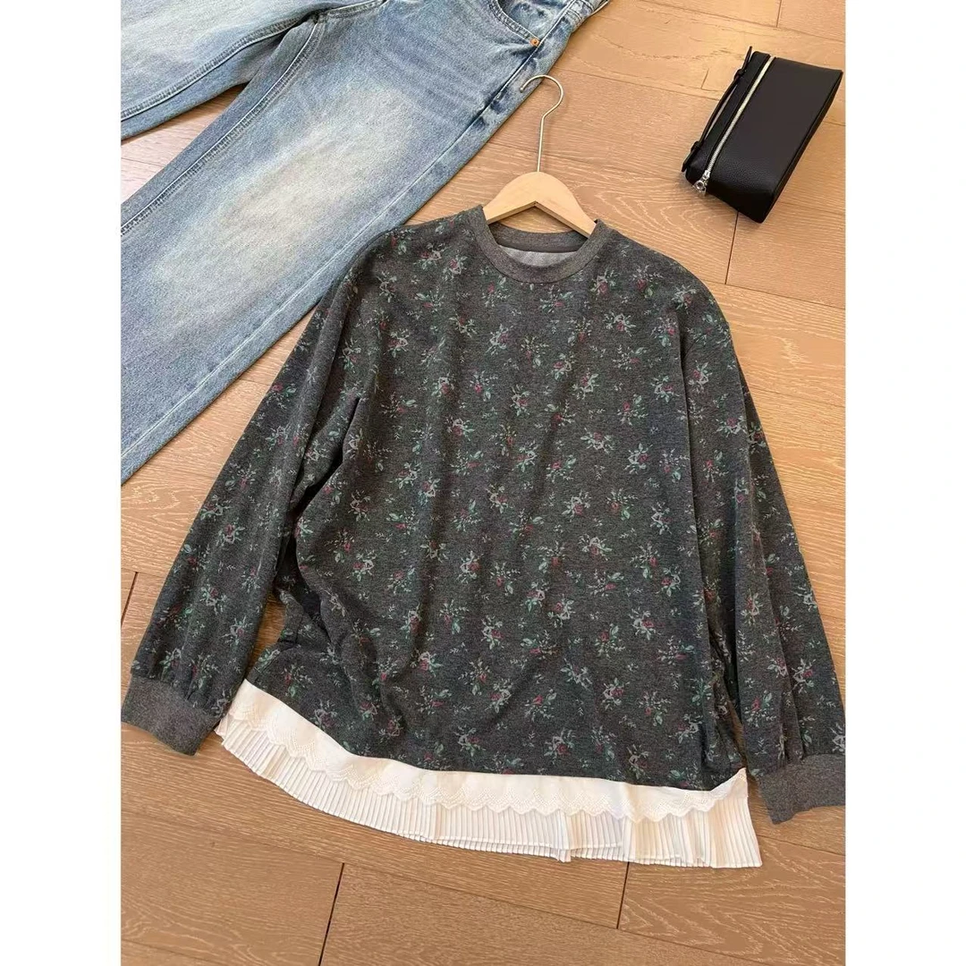 JOJO/玖了个玖 2025春 田野碎花拼接假两件薄款圆领卫衣 2502C169