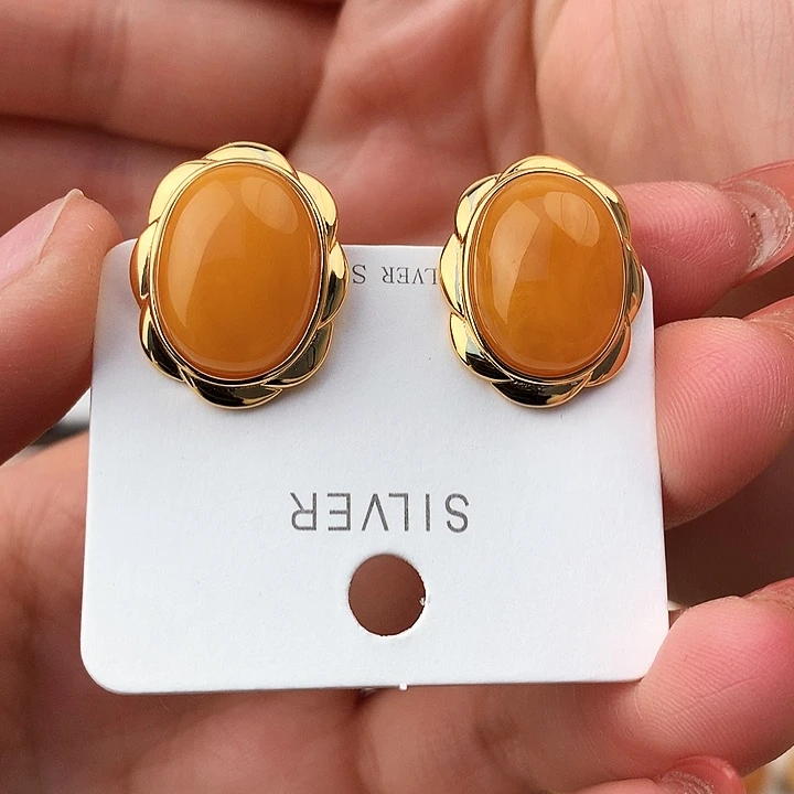 蜜蜡耳饰银S925镶嵌耳饰