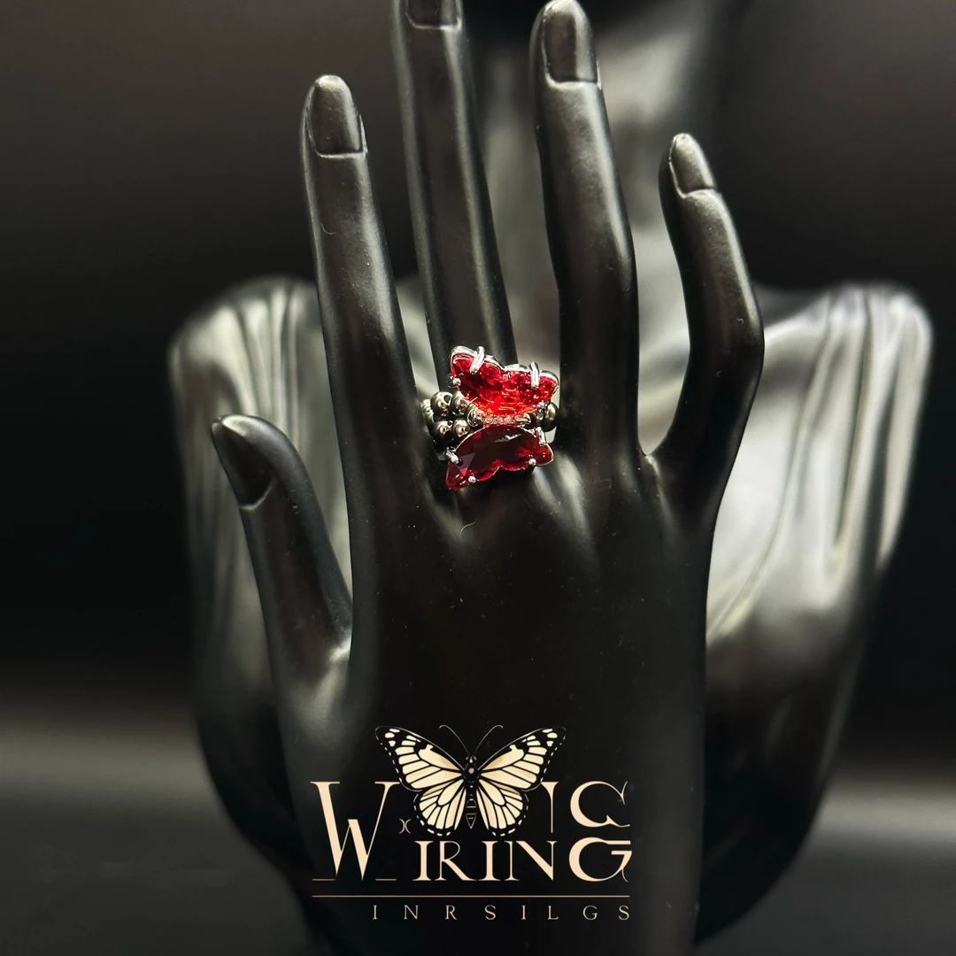 铜合金锆石戒指 王大嘴原创 “红钻蝴蝶”奢华深红锆石银珠戒指A990