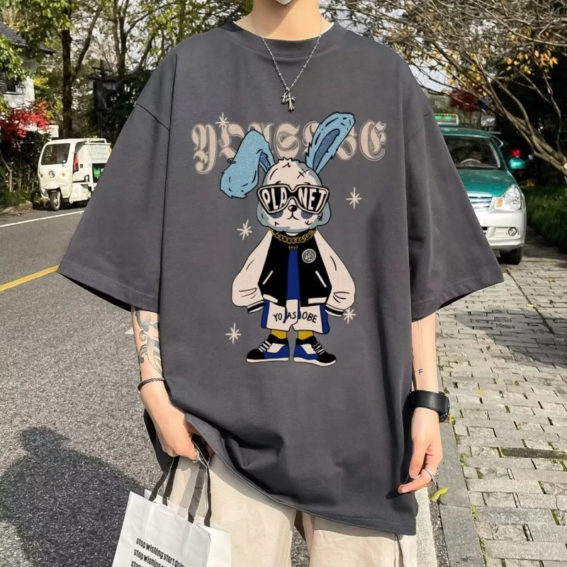 美式高街小众帅气圆领五分袖上衣服夏季ins大码宽松百搭短袖T恤男