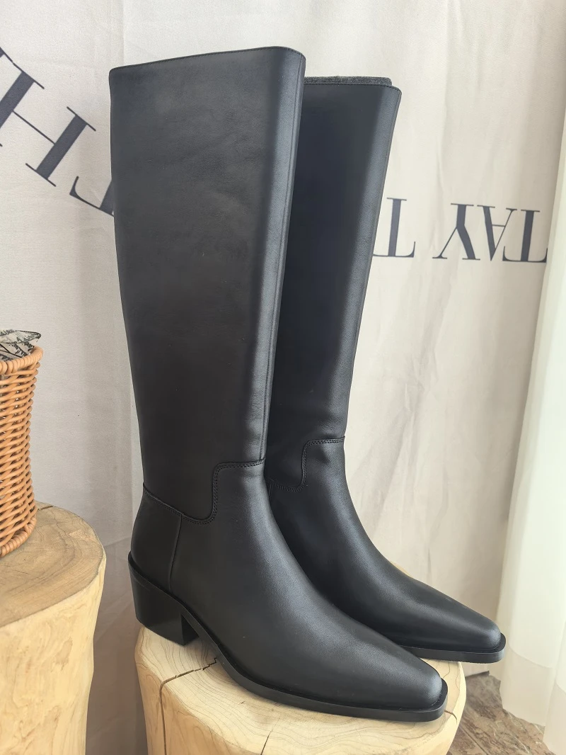 惟蔻一年一次福利款~长筒御姐小方头粗跟中高筒女靴