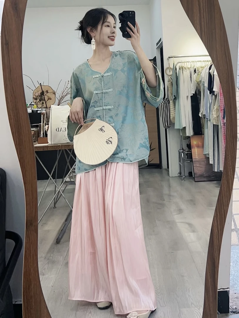 新中式鎏金阔腿拖地裤夏