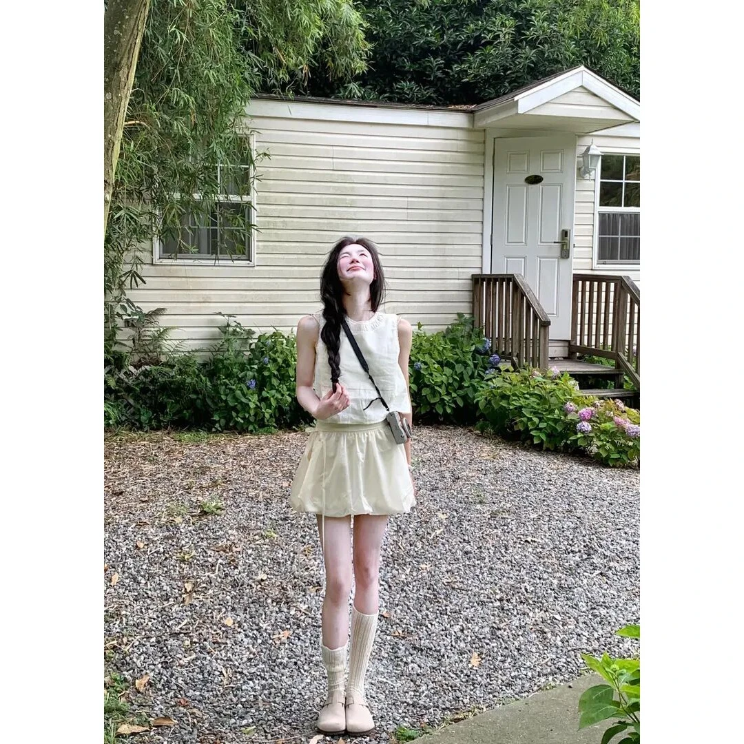 2025夏季新款韩系套装花边领无袖上衣百搭高腰花苞半身裙两件套女