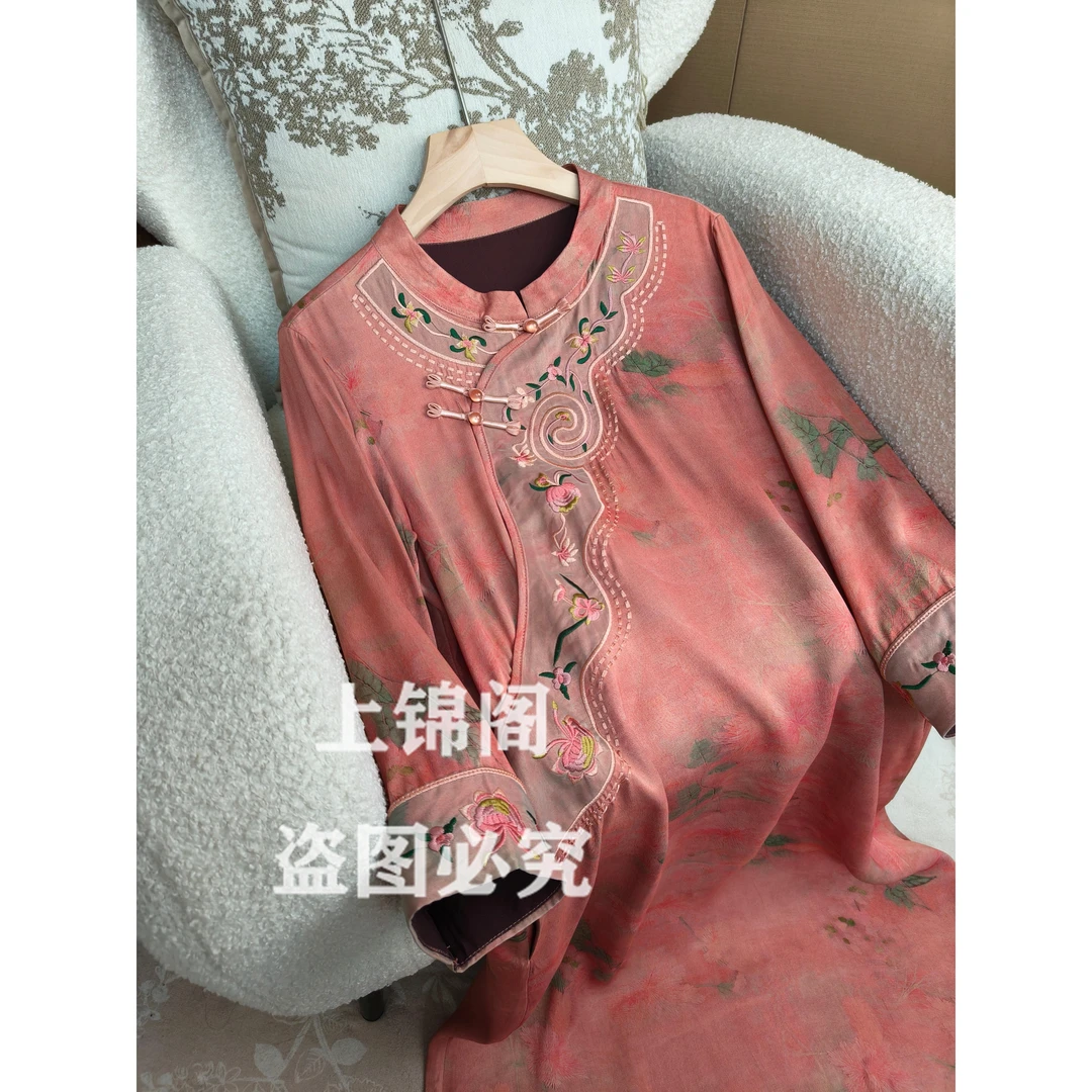 209新中式斜襟盘扣刺绣口袋低领连衣裙气质中国风宽松复古薄款夏