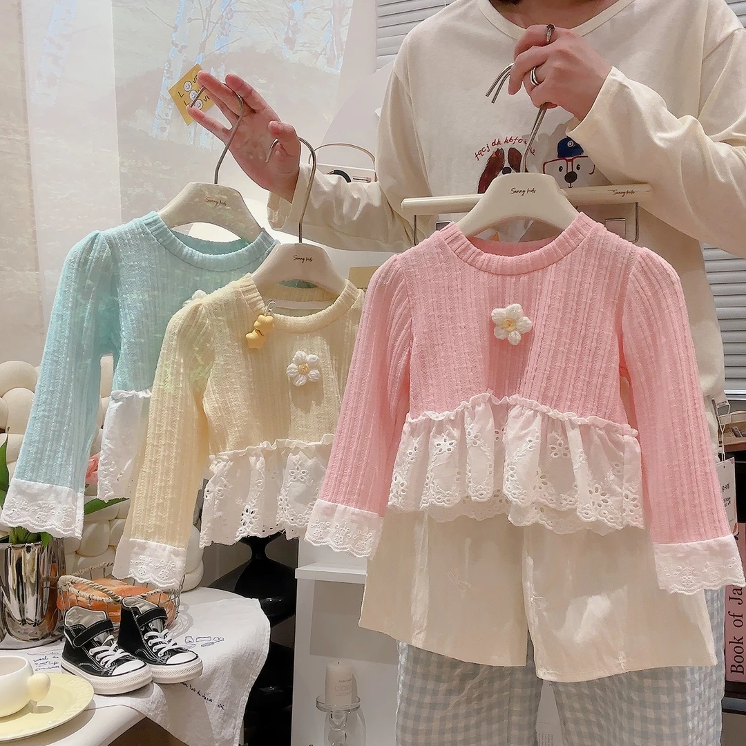 儿童春夏款上衣女童糖果色系公主蕾丝花边长袖
