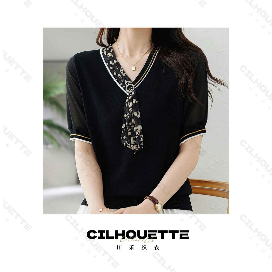 【清】川禾织衣 夏季气质飘带V领短袖透天丝气显瘦针织打底衫T恤