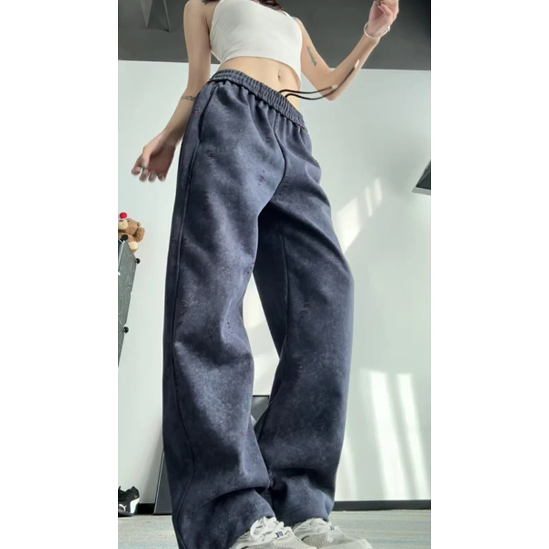 早秋美式潮牌男生卫裤撞色休闲裤男宽松直筒裤男款重磅弯刀裤