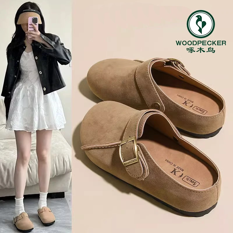 啄木鸟小众设计勃肯鞋女外穿2025春秋新款一脚蹬博肯厚底包头半拖