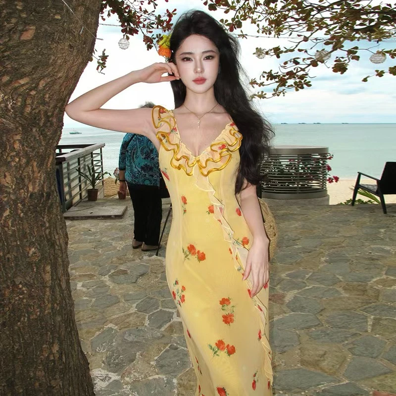 【黄昏玫瑰】法式度假吊带碎花吊带裙夏性感修身V领长裙
