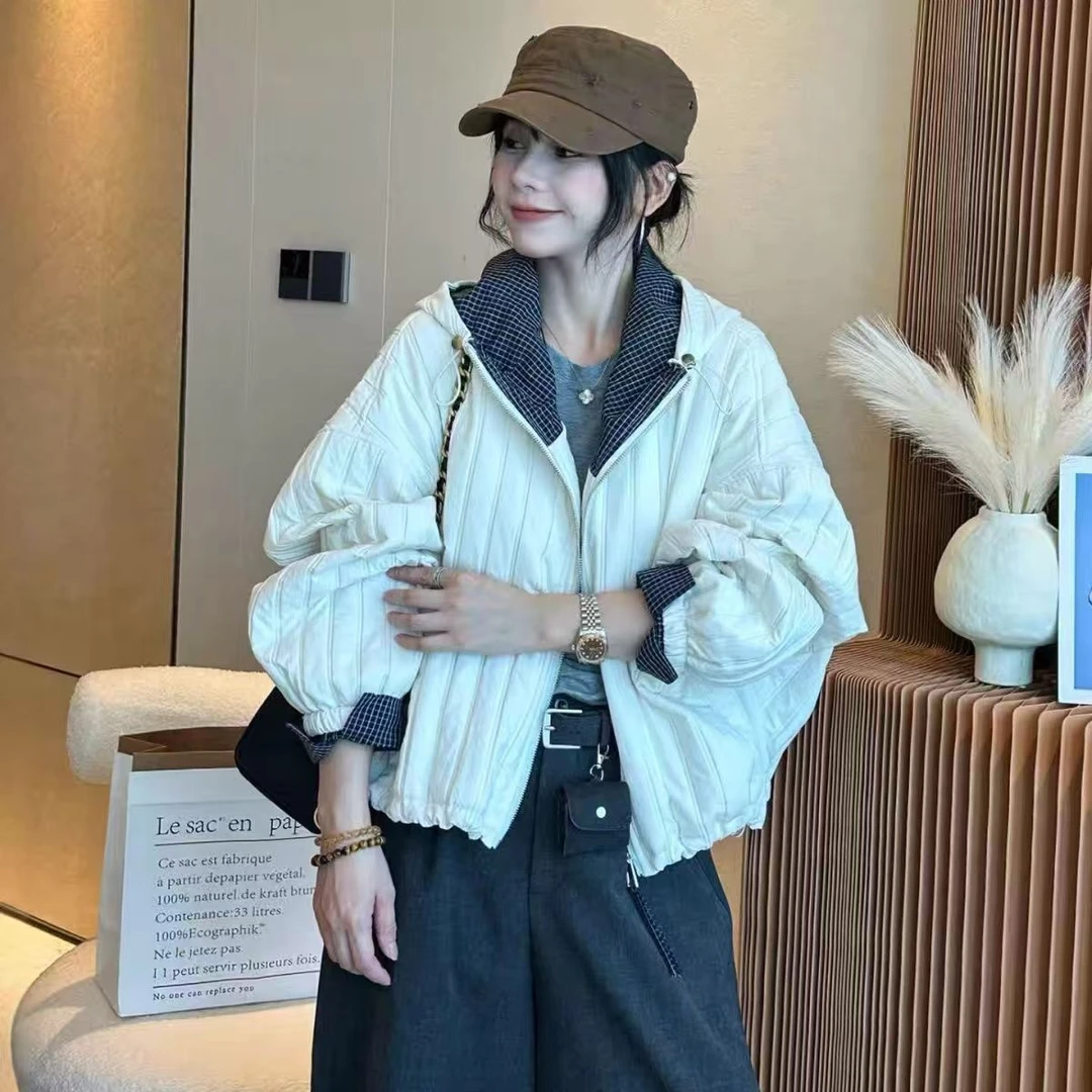 【当天发+运费险】复古连帽压格短外套女欧货女装时尚夹克上衣YY398