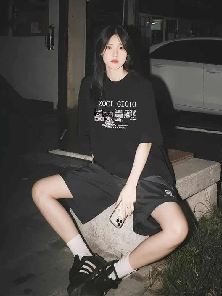 人物短袖烫印常规卡通动漫T恤ins学生套装半袖情侣韩版圆领