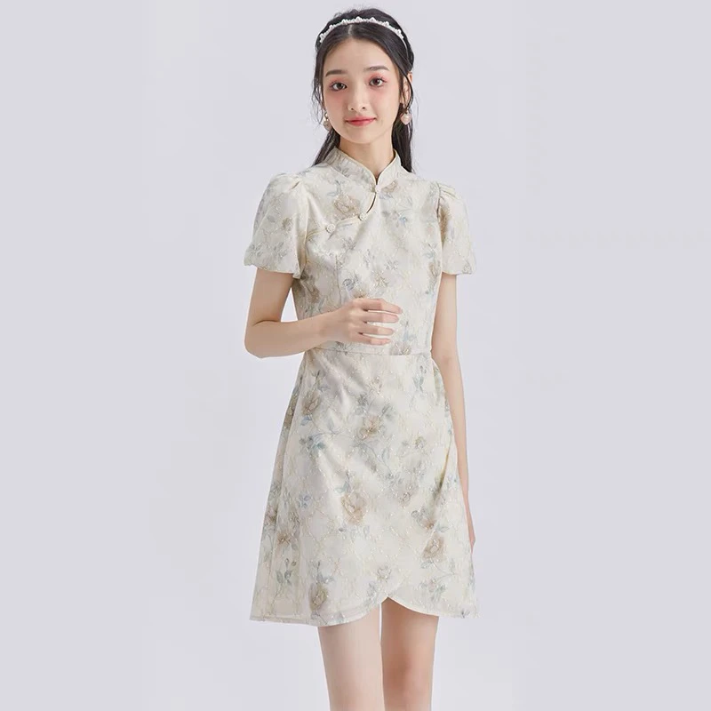 小鹿的泡fu 蓝色碎花短袖旗袍连衣裙