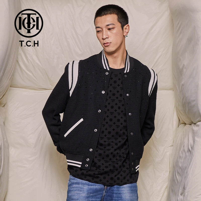 奥莱-TCH潮牌黑色圆领按扣设计感棒球服长袖外套夹克T69D168006