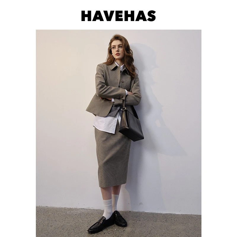 HAVEHAS 智感都市 千鸟格干练职场通勤套装短西服外套/一步半身裙