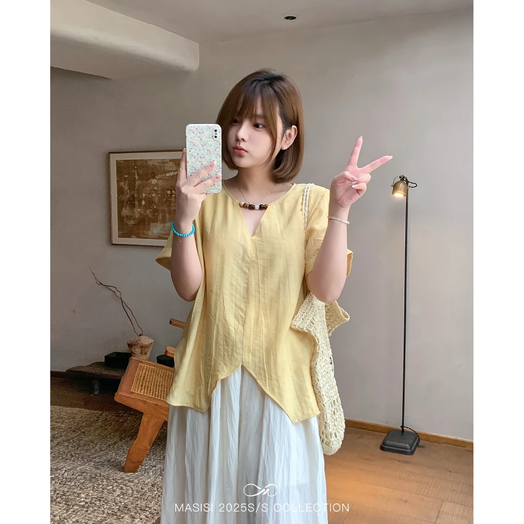 马西西大码女装珠串镂空v领开叉短袖T恤夏季胖mm宽松显瘦小衫上衣