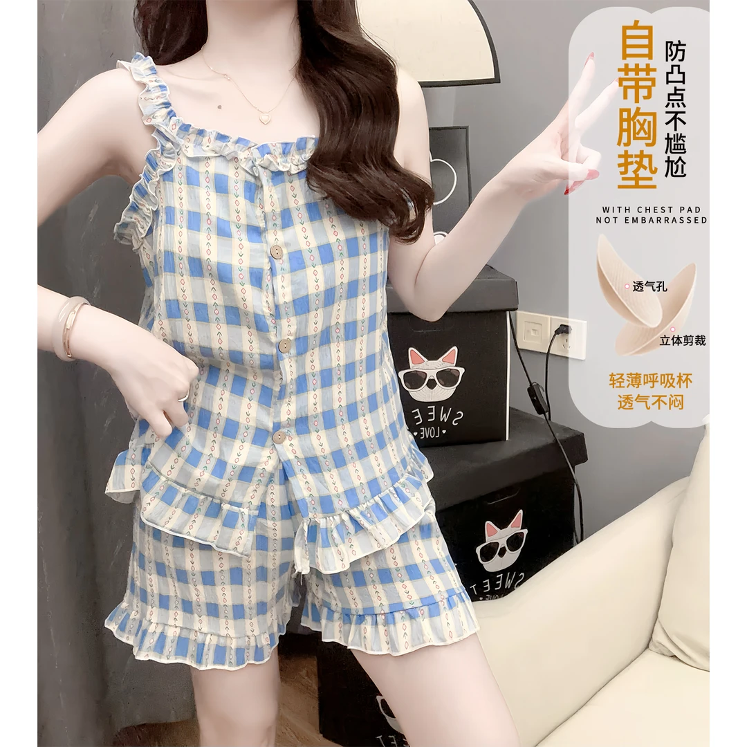 带胸垫一体式睡衣女夏季天薄款甜美风云朵棉套装可外穿少女家居服