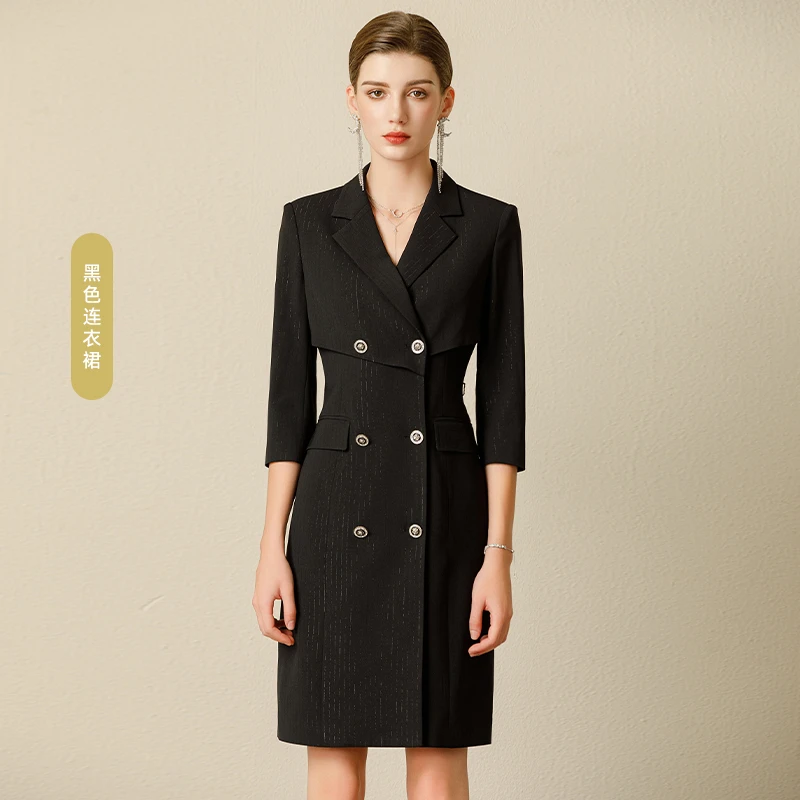YJ【青池】双排扣收腰显瘦黑色气质通勤西装连衣裙231020Q1