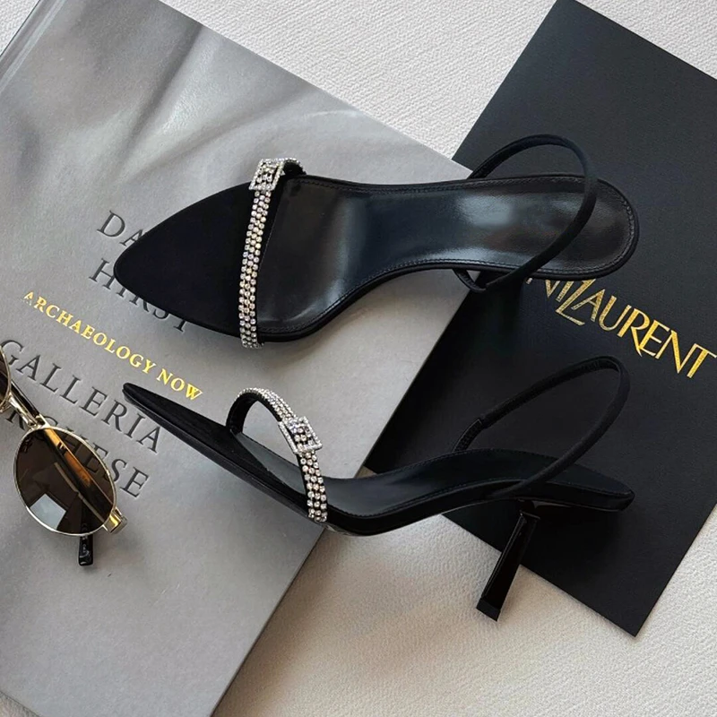 细跟高跟水钻细跟露趾一字带凉鞋女鞋方头一字带夏季高跟鞋25新款