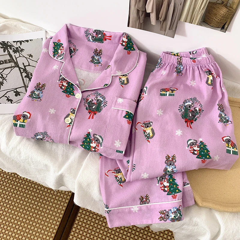 韩式ins风纯棉磨毛睡衣女秋冬季紫色可爱卡通圣诞小鹿保暖家居服