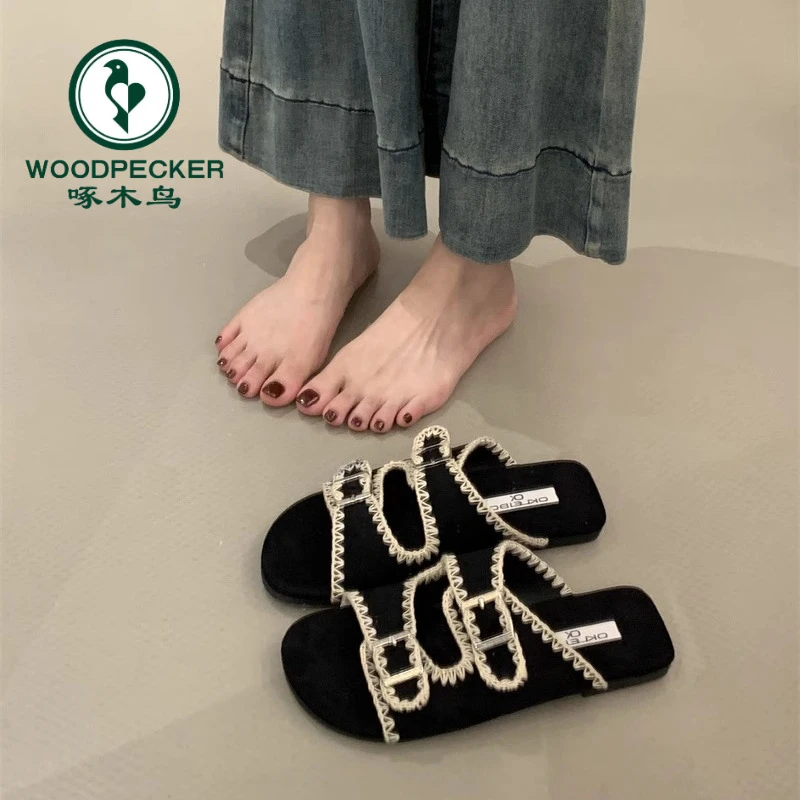 啄木鸟厚底蕾丝勃肯凉拖女2025新款夏季外穿防滑方头一字拖沙滩鞋
