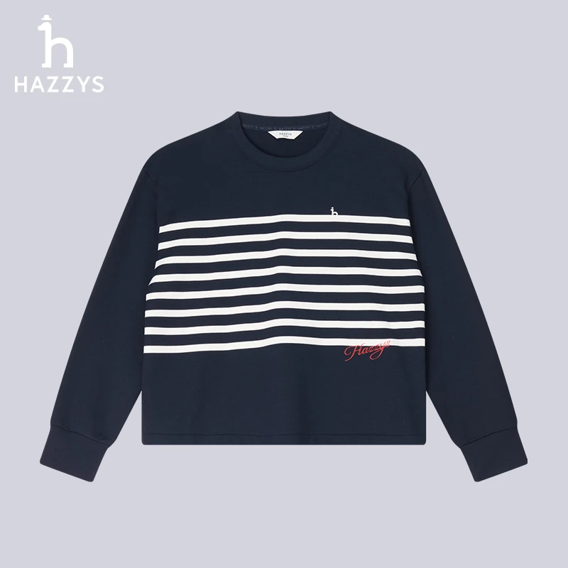 Hazzys哈吉斯春季女士卫衣休闲条纹T恤圆领长袖上衣