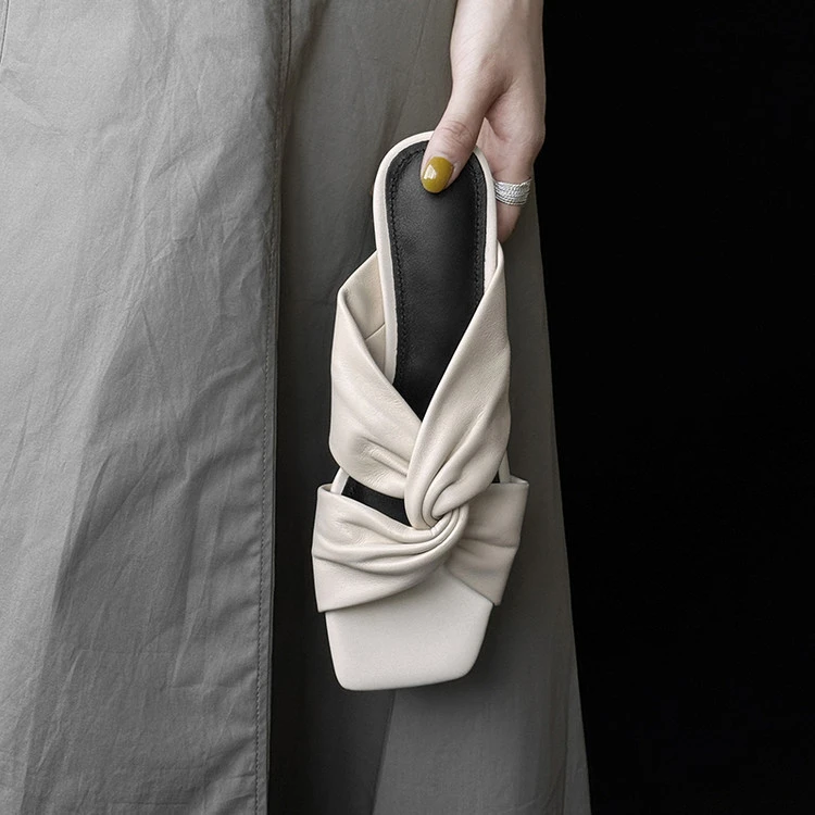 【阿妍】3.5法式羊皮方头交叉带凉鞋女夏季外穿拖鞋粗跟简约百搭