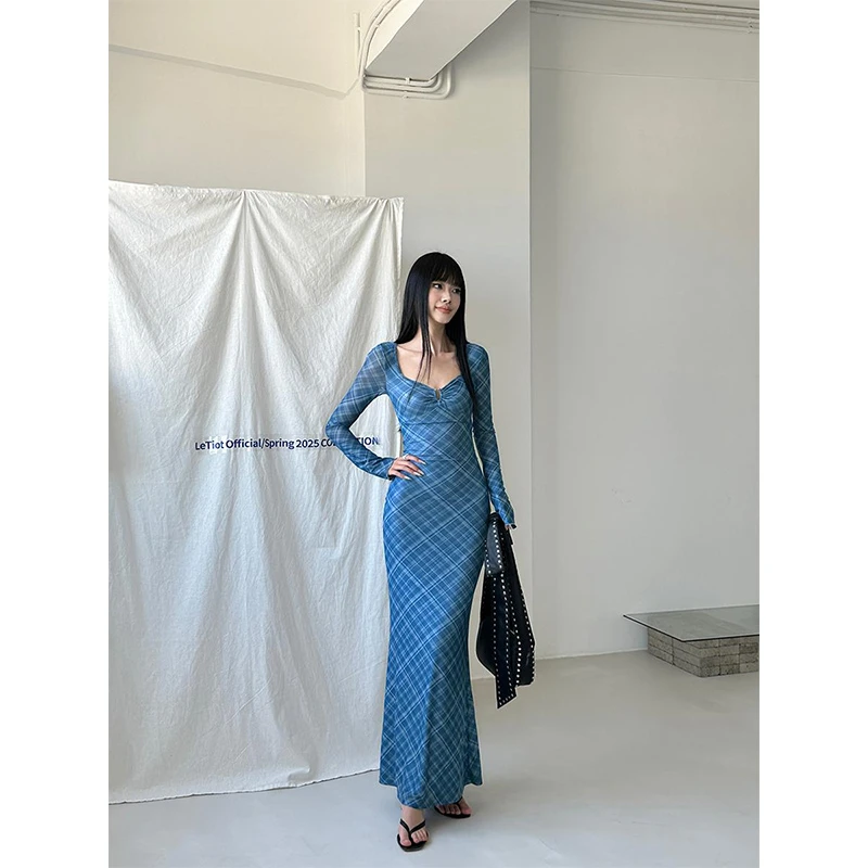 VENUIE【蓝色风暴】蓝色法式气质修身显瘦格纹长袖连衣裙01179