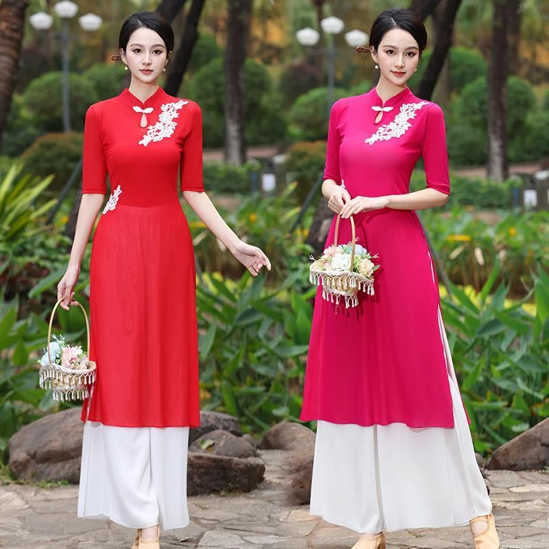广场舞刺绣贴花旗袍连衣裙新款走秀汉服古典舞蹈服装广场舞套装