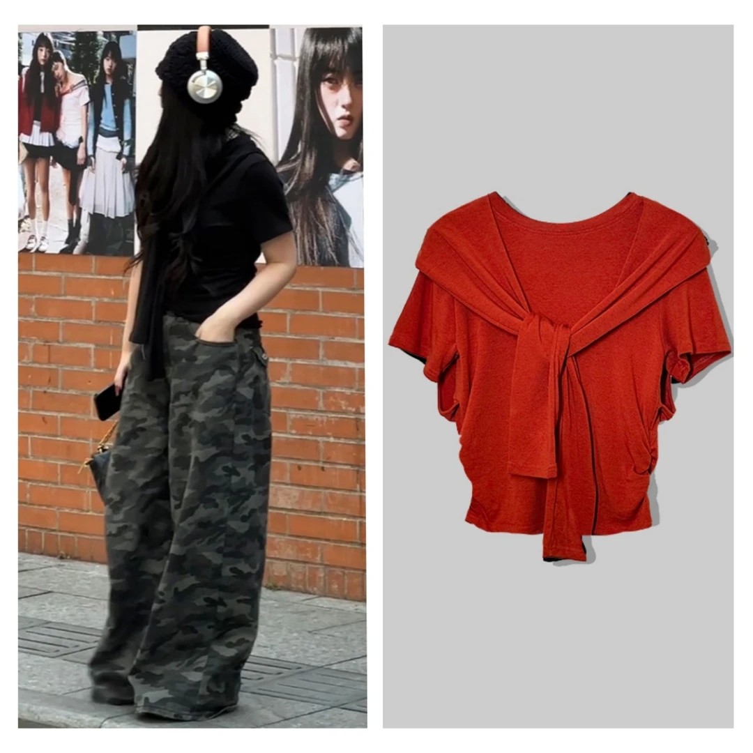 2025春款韩版时尚百搭显瘦假两件T恤设计感薄款打底衫W2550