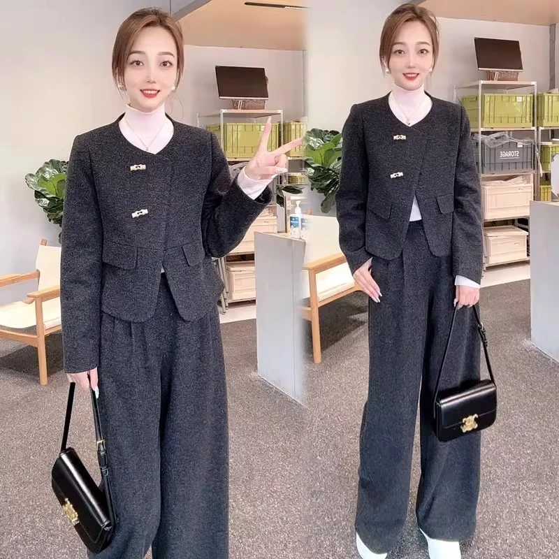 显瘦套装女2025秋冬新款减龄洋气小香风毛呢外套阔腿裤气质两件套