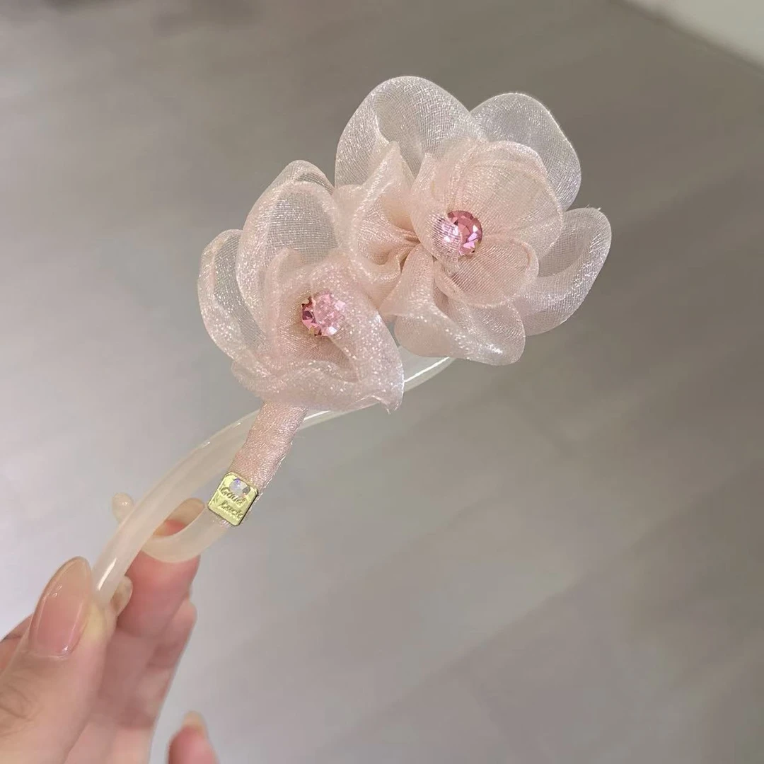 FUXI/福熙新款精品水晶韩版粉色双花流光纱纱扭扭夹1339