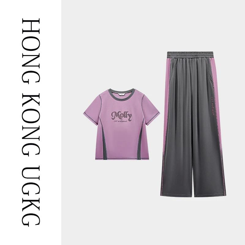 香港UGKG 妈妈夏装套装洋气大码中老年女夏季短袖t恤上衣装两件套