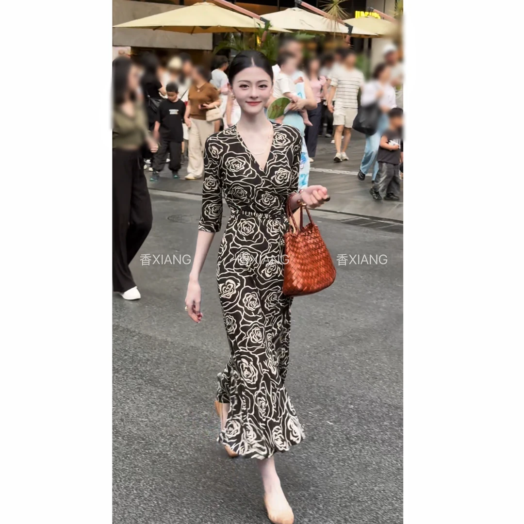 黑白提花玫瑰 裹身裙一片式高级气质修身印花弹力长裙 女装连衣裙