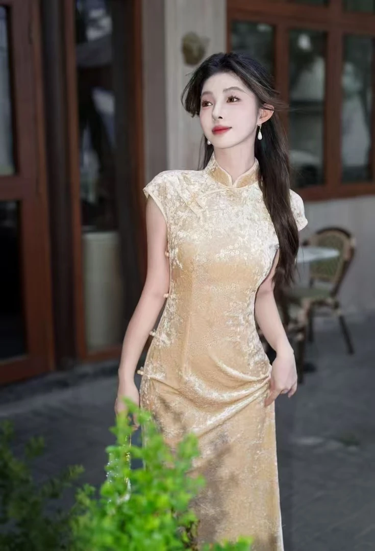 沉壁 日常显瘦丝绒气质优雅国风长款旗袍