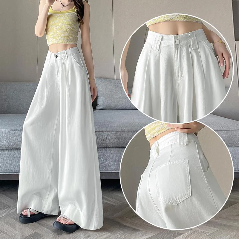 杜拉妮白色冰感莱赛尔阔腿牛仔裤女2025夏季薄款宽松清凉垂感褶皱