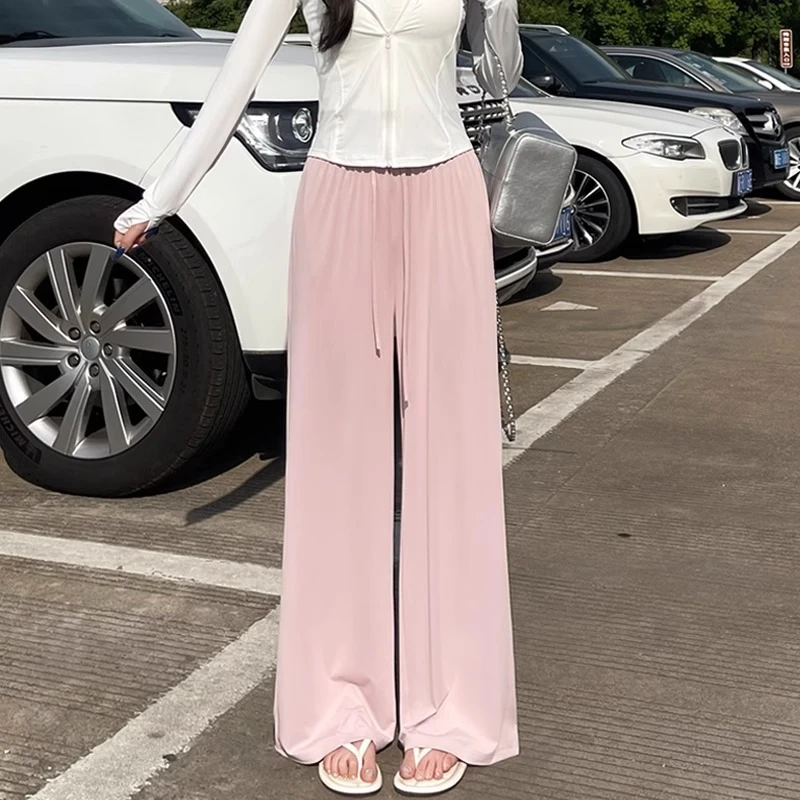 2025新款粉色冰丝防晒裤女夏季薄款高腰直筒垂感休闲速干阔腿裤子