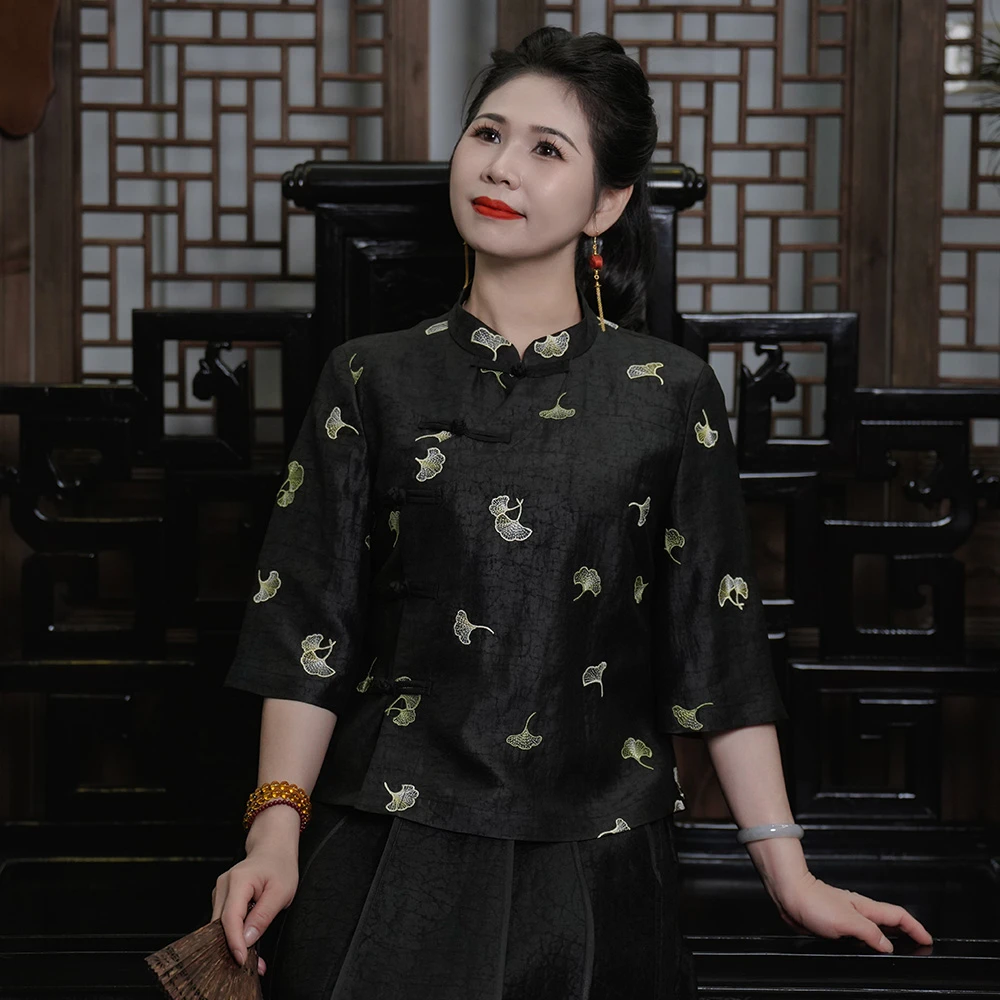 祥安姿服饰M(有杏遇见)香云纱龟裂纹刺绣小姐姐服上衣G555329-1