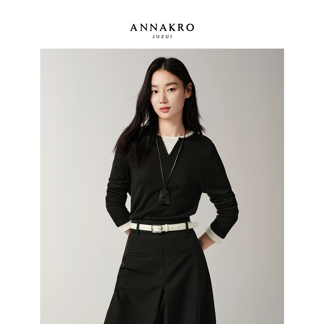 玖姿·安娜蔻KWFQ31007撞色假两件羊毛针织衫打底衫女2025秋新款