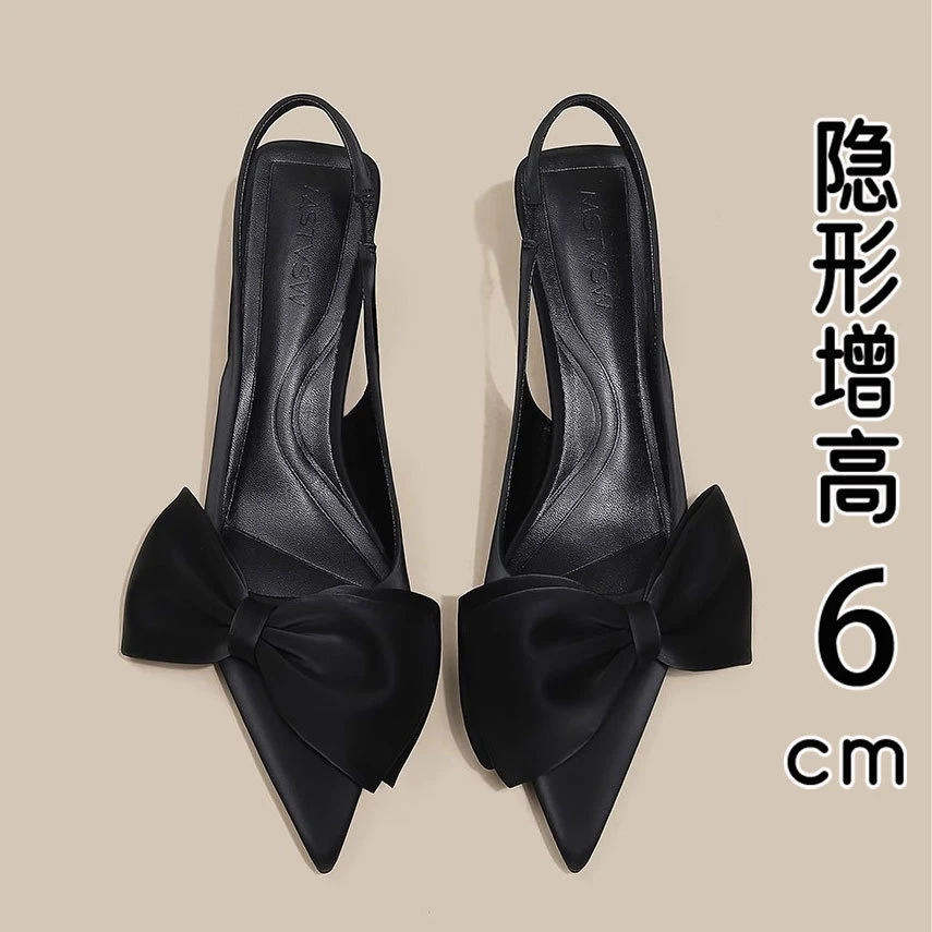 香港正品包头凉鞋女夏季2025新款黑色蝴蝶结尖头浅口细跟高跟单鞋