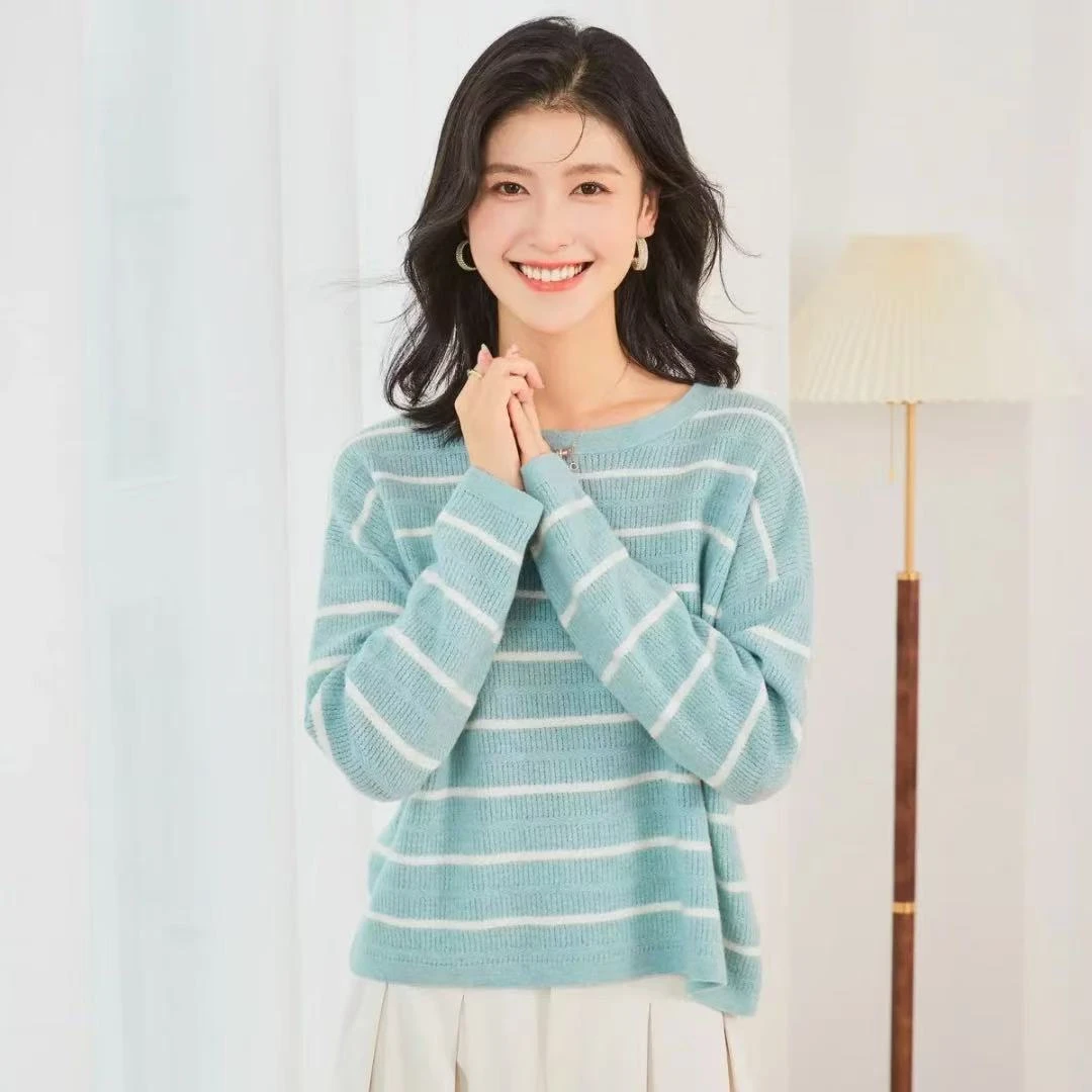 宽松条纹羊毛衫女长袖圆领针织衫新款打底衫 2031
