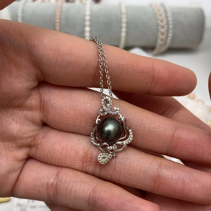 尖***丫大溪地吊坠9.6m淡水珍珠银S925镶嵌