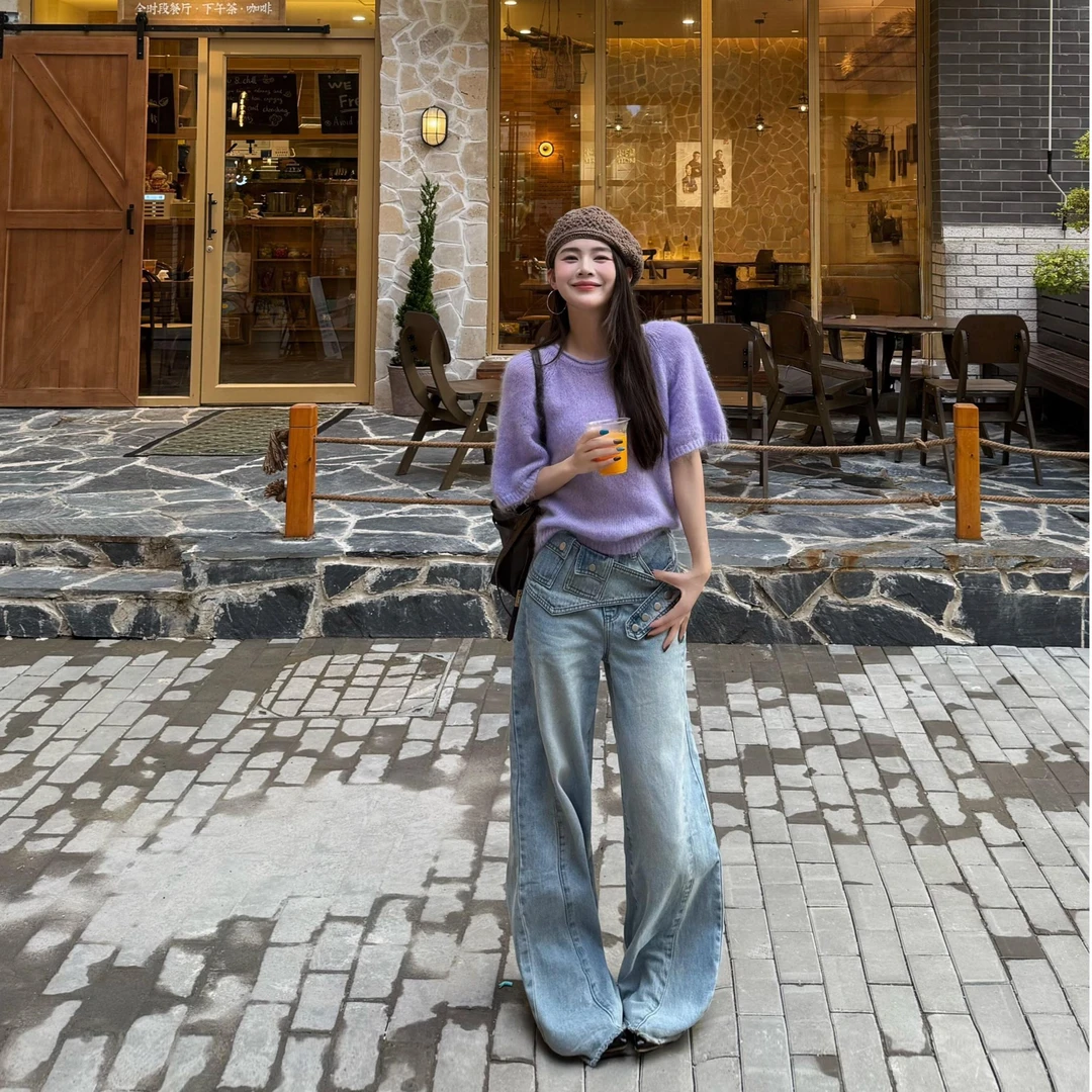 2025秋季新款宽松圆领慵懒风针织衫毛衣女设计感复古直筒牛仔裤子