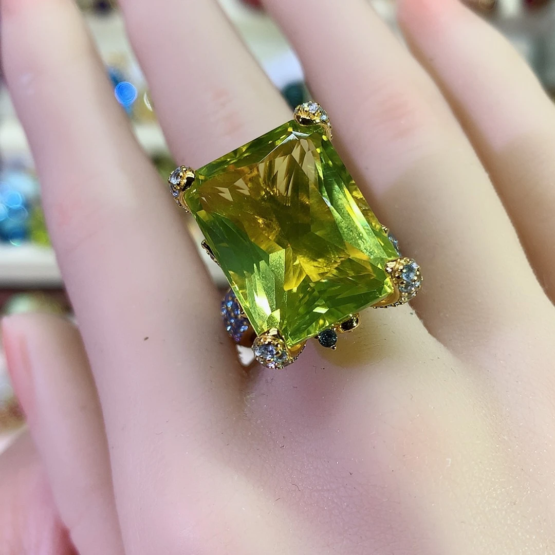 黄晶戒指银S925镀金镶嵌