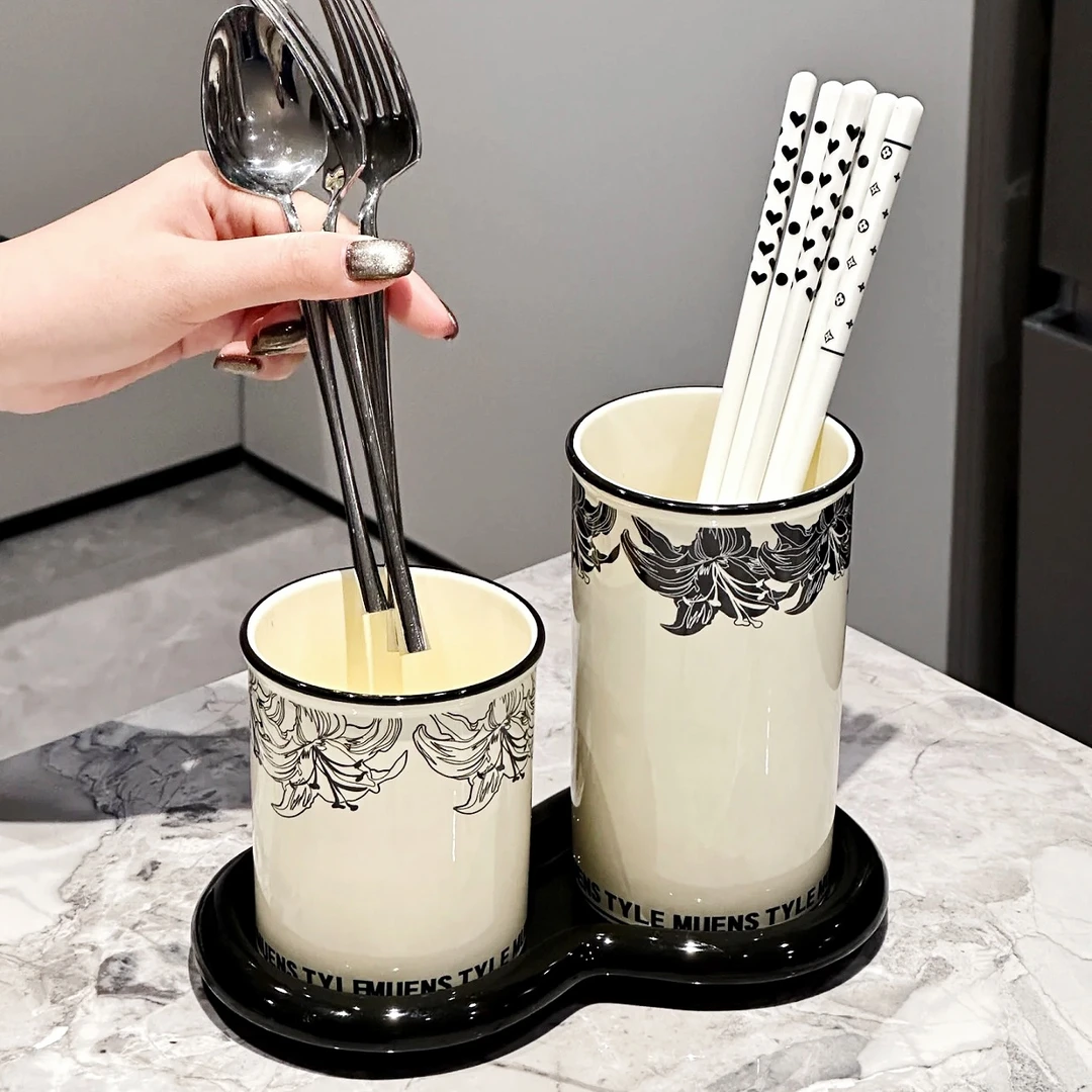 满氛陶瓷筷子筒沥水家用高档新款台面筷笼子收纳盒高级感勺筷筒