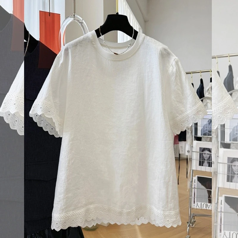 高级感轻奢纯色夏季薄款蕾丝花边短袖大码T恤女气质显瘦减龄小衫