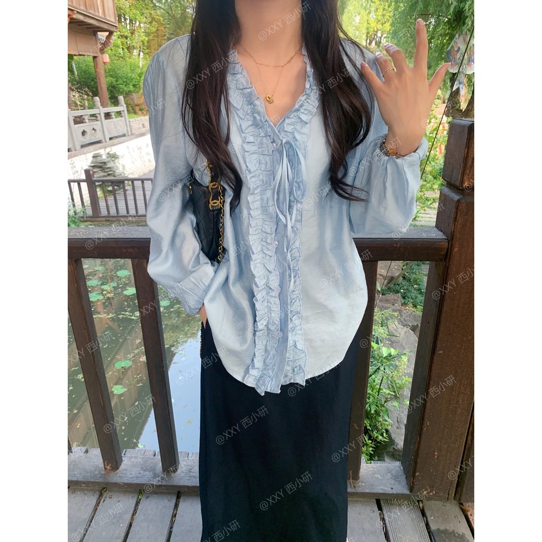 【蓝风铃】自制花边领 夏季防晒衬衫 百搭天丝衬衫蓝色宽松