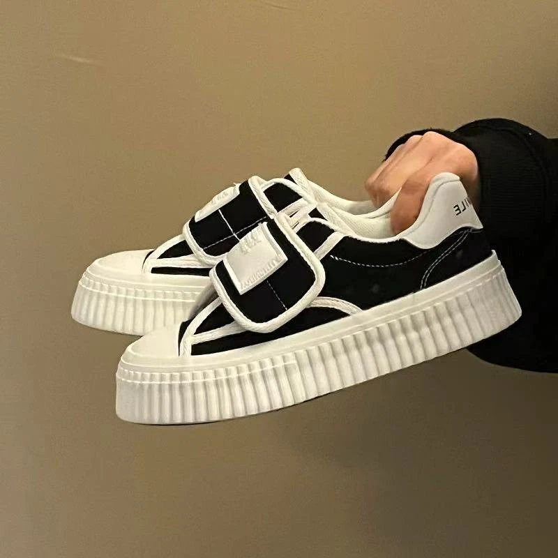 H1290 黑色帆布鞋女2025春季新款魔术贴小白鞋百搭chic饼干鞋子