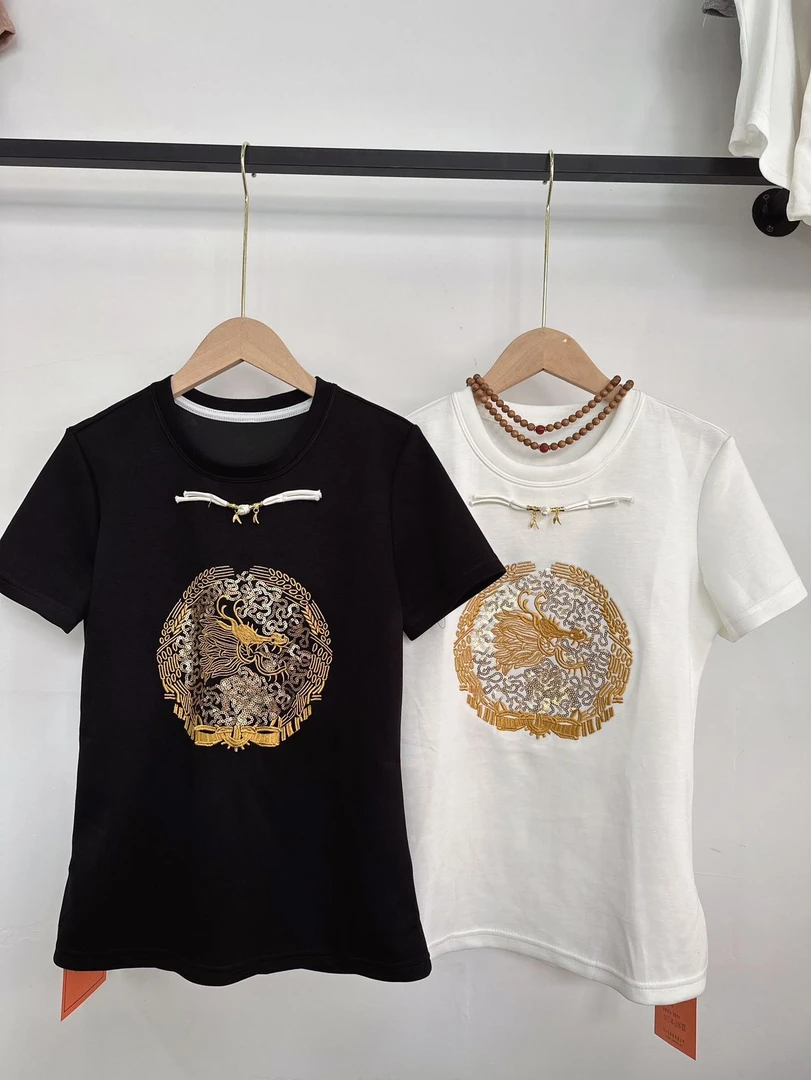 新中式国风刺绣红色T恤洋气短袖女春2024新款时尚百搭显瘦上衣服